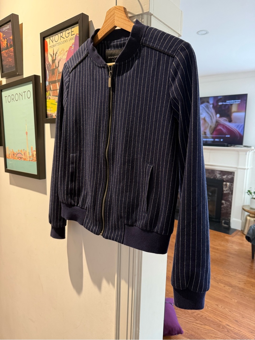Banana Republic womens Navy Pinstripe Zip-Up Bomber Jacket